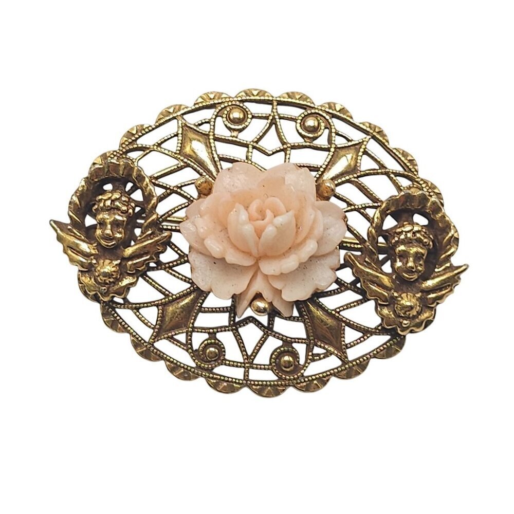 Vintage Cherub Angel Brooch Pin With Carved Rose Oval Filigree Design